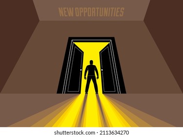 Man standing in half open big door hesitating to step in vector concept of new opportunities, step into future metaphor, debt decision to go to future.