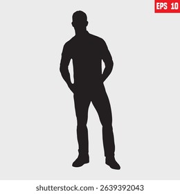 Man standing with hand in his pocket, side view, isolated vector silhouette