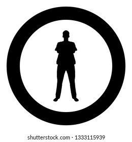 Man standing with hands crossed Dentist surgeon in medical clothes with folded hands on his chest Concept of the end of surgery operation Front view icon black color vector in circle round illustratio