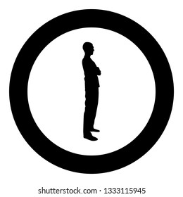 Man standing with hands crossed Dentist surgeon in medical clothes with folded hands on his chest Concept of the end of surgery operation Side view icon black color vector in circle round illustration