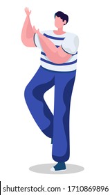 Man standing with hands up isolated cartoon character in flat style. Vector illustration of happy guy in striped t-shirt and jeans, positive businessman or pet owner, male winner celebrate fortune
