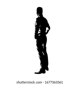 Man standing with hands on hips, side view. Profile ink drawing. Isolated vector silhouette