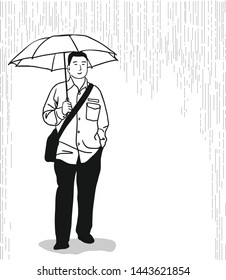 The man is standing happily under the rain while using an umbrella. 