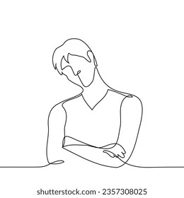 man standing with head tilted and arms crossed - one line art vector. the concept is skeptical, suspicious