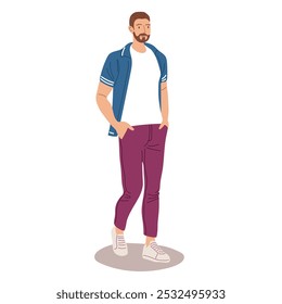 Man standing with her hands in pockets of her jeans. Guy with comfortable clothes and shoes on vacation or walk Man wearing modern casual clothes. Flat cartoon vector isolated illustration on white