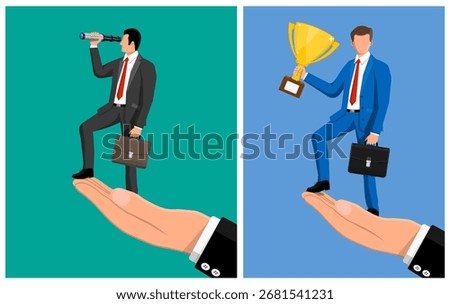 Man standing high on hand, looking through telescope and man with trophy. Business opportunity and victory concept.