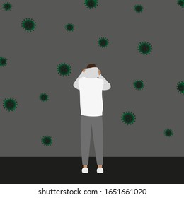 A man standing with his back and putting a hood on his head and the virus molecules around him