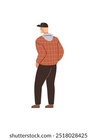 Hombre de pie con la espalda hacia el espectador, con una chaqueta a cuadros, pantalones negros y una gorra de béisbol. Ideal para la moda, estilo de calle, ropa casual, diseño de ropa, atuendo al aire libre. Moderno