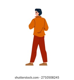 Homem de pé com as costas viradas, olhando por cima do ombro, demonstrando conceitos de curiosidade, buscando, fazendo perguntas, pensando, voltando atrás, ou simplesmente observando algo atrás dele