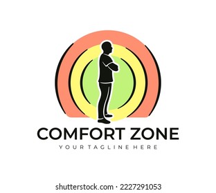 Man standing in his comfort zone, diagram with various zones, logo design. Stepping outside comfort zone, choice and choosing between leaving comfort zone or not, vector design and illustration.