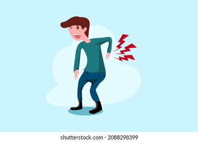 A man is standing his face look painful from backache symptoms. illustration for office syndrome and healthcare campaigns on web promotion. 