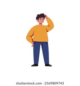 man is standing with his hand on his head,and looking confused
