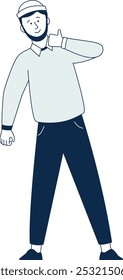 A man is standing with his hands on his hips and giving a thumbs up