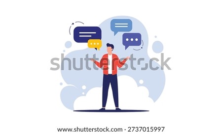 Man standing with his hands outstretched surrounded by various colorful speech and chat bubble icons representing communication and ideas.