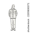 Man standing with his hands in his pants pocket line vector drawing. Minimalistic contour illustration.