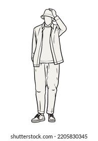 Man standing with his hands in his pants pocket line vector drawing. Minimalistic contour illustration.