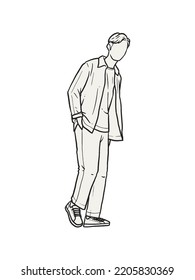 Man standing with his hands in his pants pocket line vector drawing. Minimalistic contour illustration.