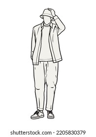 Hombre parado con las manos en el dibujo de un vector de línea de bolsillo de los pantalones. Ilustración de contorno minimalista.