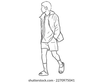 Man standing with his hands in his pants pocket line vector drawing. Minimalistic contour illustration.