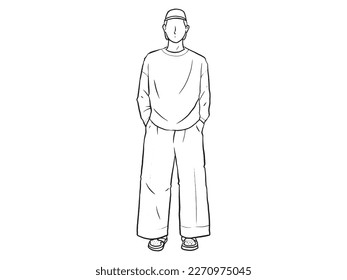 Man standing with his hands in his pants pocket line vector drawing. Minimalistic contour illustration.