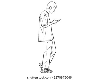 Man standing with his hands in his pants pocket line vector drawing. Minimalistic contour illustration.