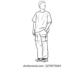 Man standing with his hands in his pants pocket line vector drawing. Minimalistic contour illustration.