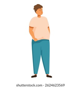 Man is standing with his hands in his pockets, looking concerned about his weight