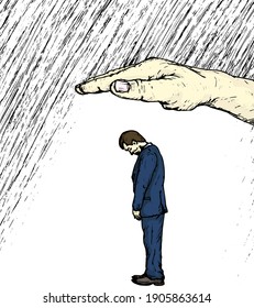 Man standing with his head bow in sadness shielded by a giant hand from the rain. Hand drawn vector illustration.