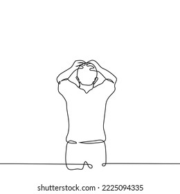 hombre de pie con la cabeza en las manos - un vector de dibujo de una línea. concepto de estar relajado o escalonado en desesperación