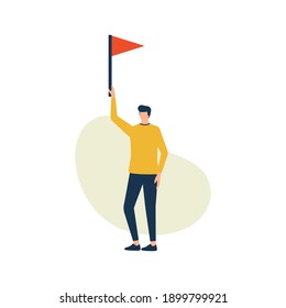 Man standing hold red flag, flat illustration