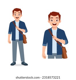 man standing holding bag and ready to go to work