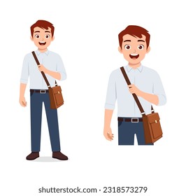 man standing holding bag and ready to go to work