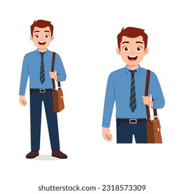 man standing holding bag and ready to go to work