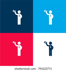 Man standing holding a bill in his raised right hand four color material and minimal icon logo set in red and blue