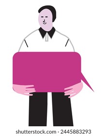 Man standing with holding blank empty speech bubbles. Social media, conversation, chat, message, contact, meeting concept. Vector illustration.