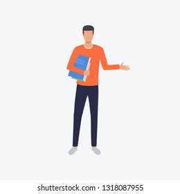 Man standing, holding books and presenting information. Teacher, knowledge, textbook, lecture. Can be used for topics like literature, education, presentation