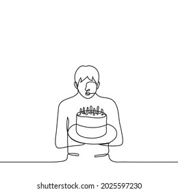 man is standing holding a cake on a tray with both hands in front of him - one line drawing. celebration concept, congratulations. blogger has reached the round number of subscribers