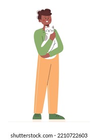 Man standing and holding cat in his arms. Concept of love for pets. Design element isolated on white background. Flat vector.