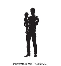 Man standing and holding child in his arms, front view. Abstract isolated vector silhouette. Young parent with child