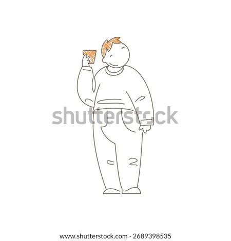 Man standing and holding a coffee cup with raised arm. Calm content expression and gentle smile convey peaceful coffee moment and simple daily pleasure. Line art vector illustration