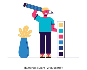 Man is standing holding color palette and pencil, artist. Character design. Vector flat illustration