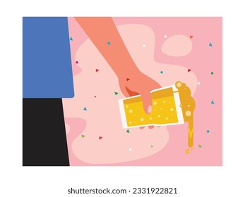 A man was standing holding a glass of beer that was full until it spilled in the party place. Design ideas. Vector flat illustration