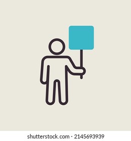 Man standing and holding in hands big sign, banner, card isolated vector icon. Demonstration, manifestation, protest, strike, revolution