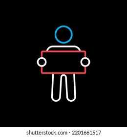 Man standing and holding in hands big sign, banner, card vector isolated on black background icon. Demonstration, manifestation, protest, strike, revolution