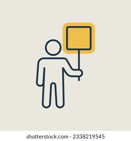 Man standing and holding in hands big sign, banner, card vector isolated icon. Demonstration, manifestation, protest, strike, revolution