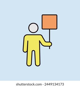 Man standing and holding in hands big sign, banner, card vector isolated icon. Demonstration, manifestation, protest, strike, revolution