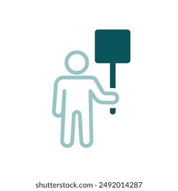 Man standing and holding in hands big sign, banner, card vector isolated icon. Demonstration, manifestation, protest, strike, revolution