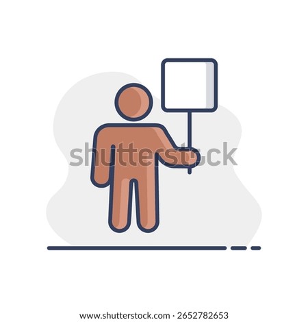 Man standing and holding in hands big sign, banner, card vector isolated icon. Demonstration, manifestation, protest, strike, revolution