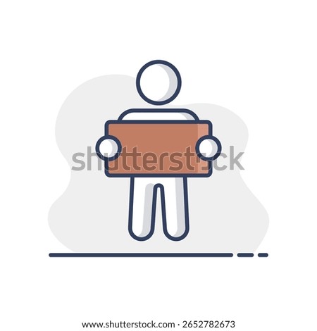 Man standing and holding in hands big sign, banner, card vector isolated icon. Demonstration, manifestation, protest, strike, revolution