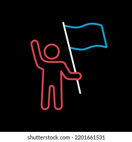 Man standing and holding in hands flag, banner vector isolated on black background icon. Demonstration, protest, strike, revolution. Graph symbol for web site design, app, UI